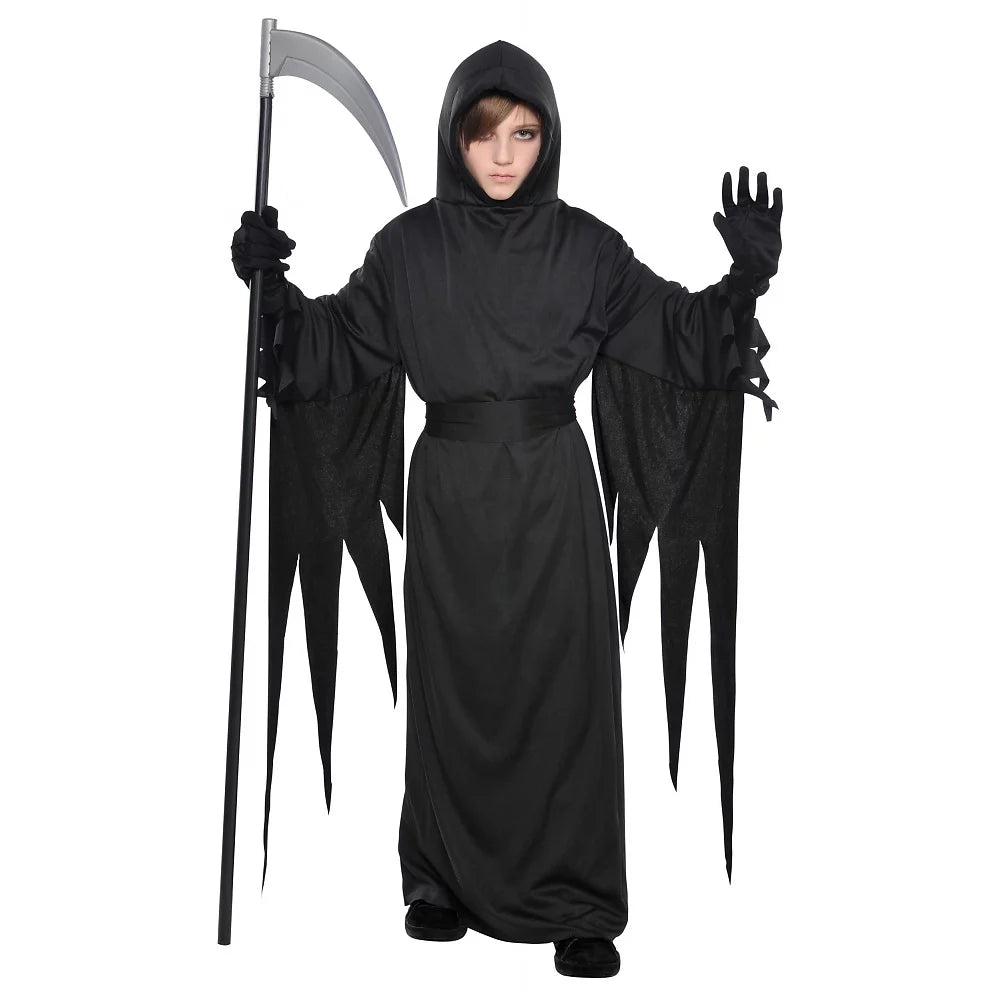 ShadowStalker™ Grim Reaper Costume for Kids – Black Hooded Terror Robe, One Size – Halloween Scary Child Outfit