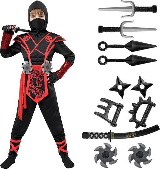 ShadowStrike™ Red Dragon Ninja Kids Costume with Jumpsuit, Mask & Accessories