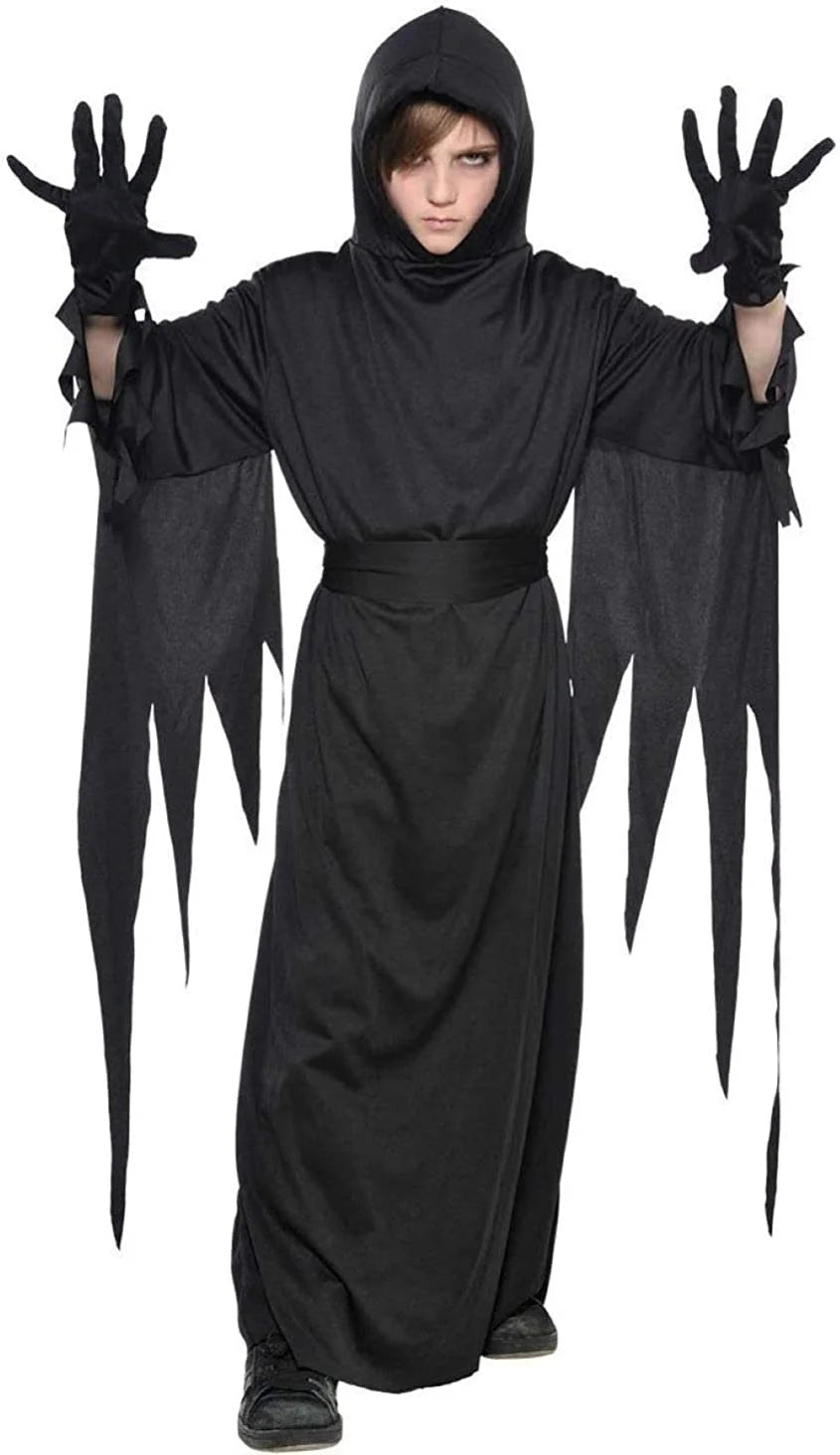 ShadowStalker™ Grim Reaper Costume for Kids – Black Hooded Terror Robe, One Size – Halloween Scary Child Outfit