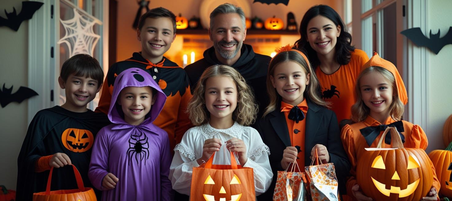 Family with children in Halloween costumes posing indoors with carved pumpkins.