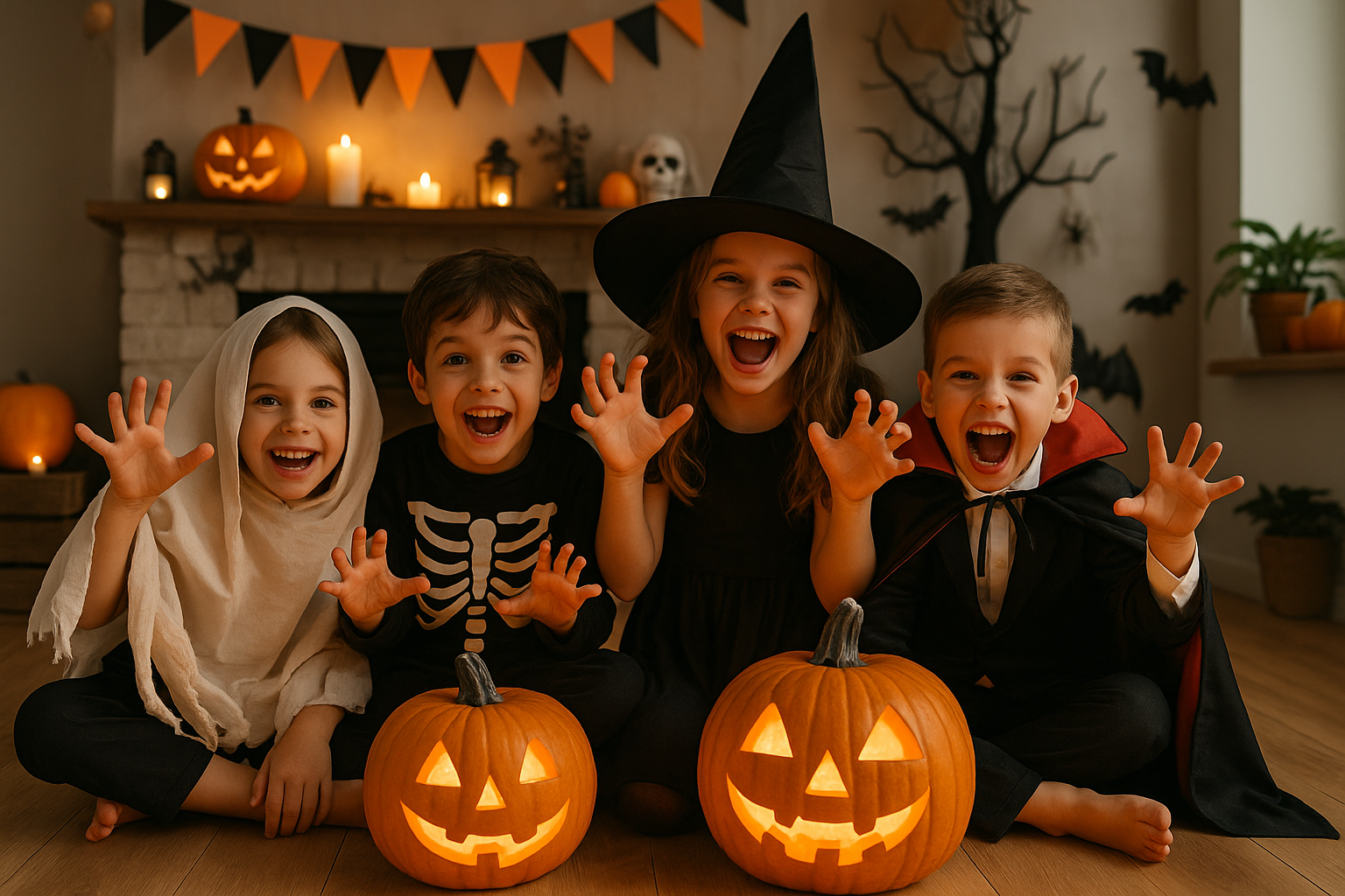 Four children in Halloween costumes sitting on the floor with carved pumpkins, surrounded by Halloween decorations.